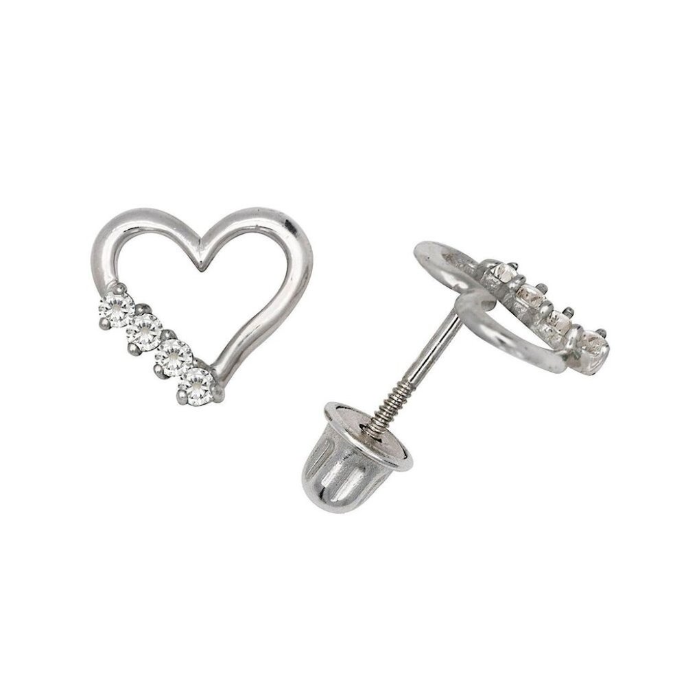 14K Solid White Gold Open Heart Love Screw Back Earrings Set With Birthstones